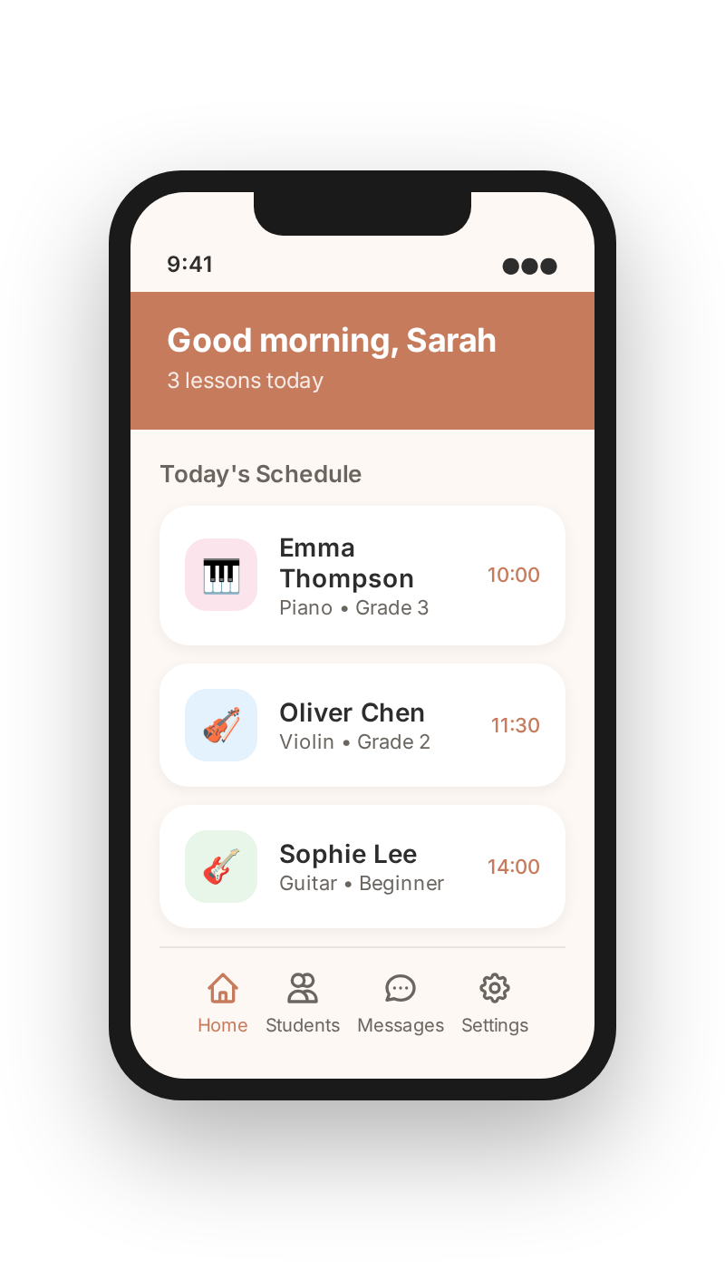 Clefora app showing a teacher's daily schedule with student lessons