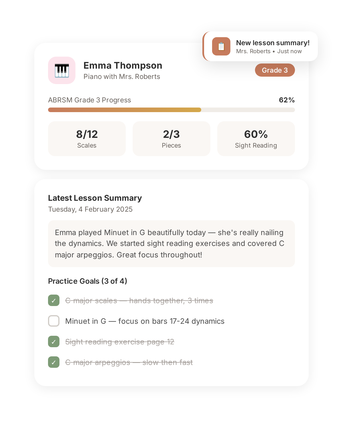 Parent view showing child's piano progress, lesson summary, and practice goals with checkboxes